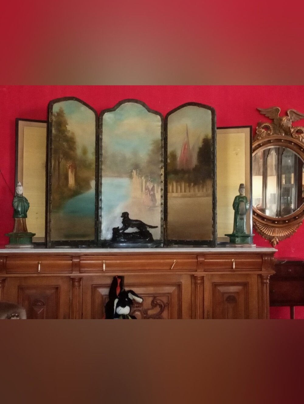 Rare Antique French Rococo Hand-Painted Leather Fireplace / Accent Screen - Picture 2 of 16